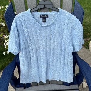 Denim&Co Light Blue Chenille Cabled Short Sleeve Crew Neck Sweater Size L